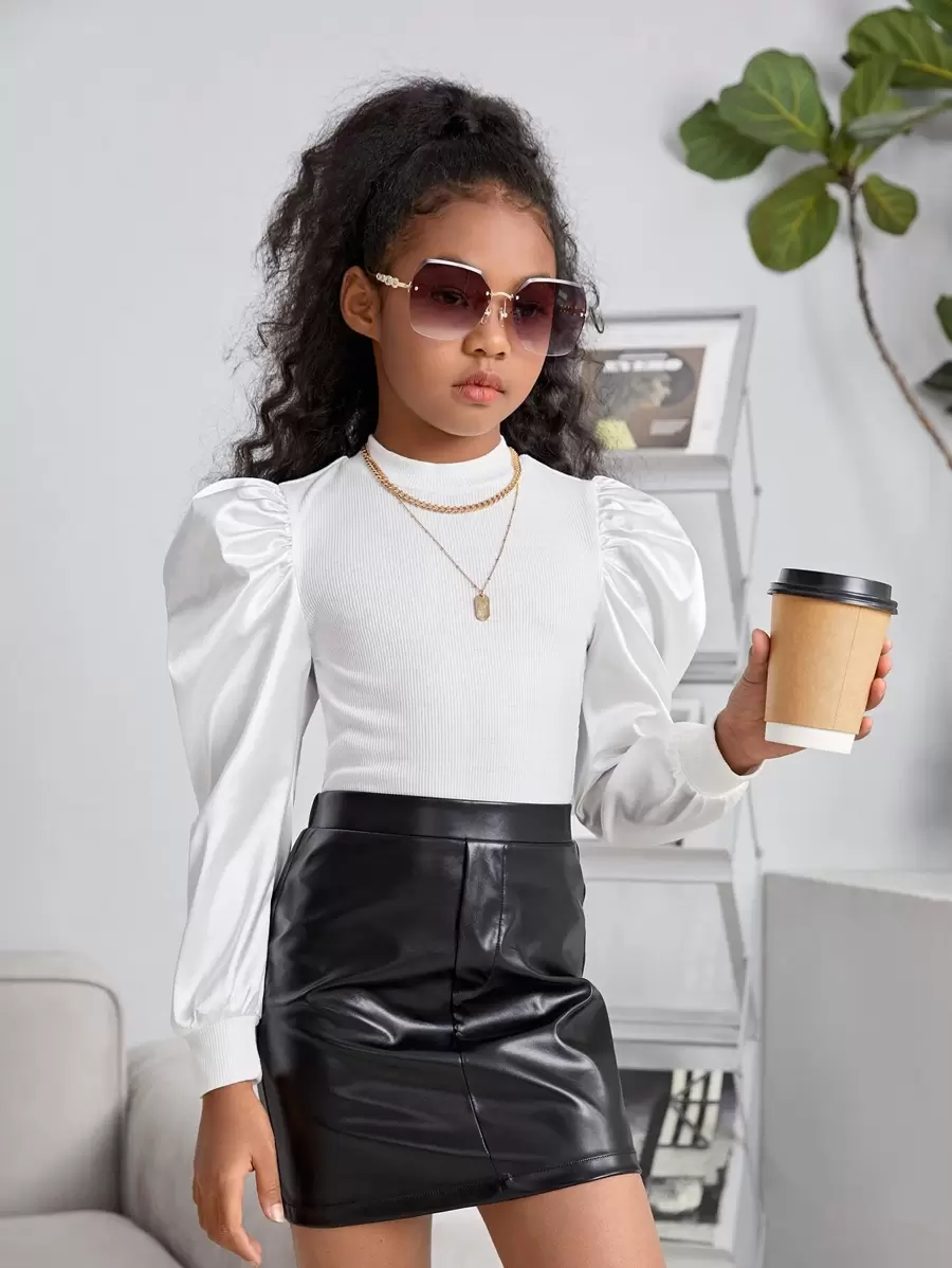 SHEIN Leap Crew Tween Girls' Solid Color Stand Collar Puff Sleeve T-Shirt