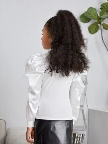 SHEIN Leap Crew Tween Girls' Solid Color Stand Collar Puff Sleeve T-Shirt - White - View 3