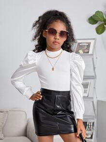 SHEIN Leap Crew Tween Girls' Solid Color Stand Collar Puff Sleeve T-Shirt - White - View 6