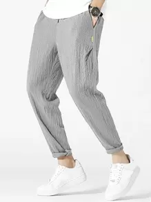 Chillumni Men Letter Patched Detail Textured Tapered Trousers - Grey - View 3