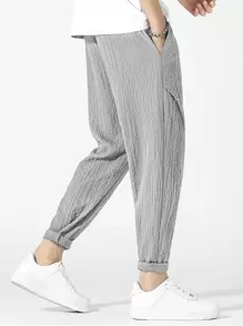 Chillumni Men Letter Patched Detail Textured Tapered Trousers - Grey - View 4