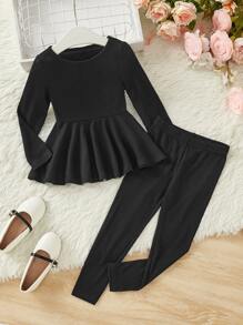 SHEIN 年輕女孩長袖圓領荷葉邊上衣和褲子套裝 - 黑色 - 查看 1