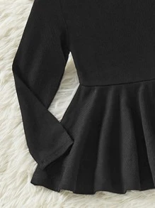 SHEIN 年輕女孩長袖圓領荷葉邊上衣和褲子套裝 - 黑色 - 查看 3