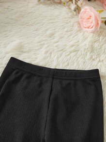 SHEIN 年輕女孩長袖圓領荷葉邊上衣和褲子套裝 - 黑色 - 查看 4