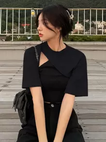 DAZY Áo thun siêu crop tay áo Raglan không có áo crop top - màu đen - Xem 1