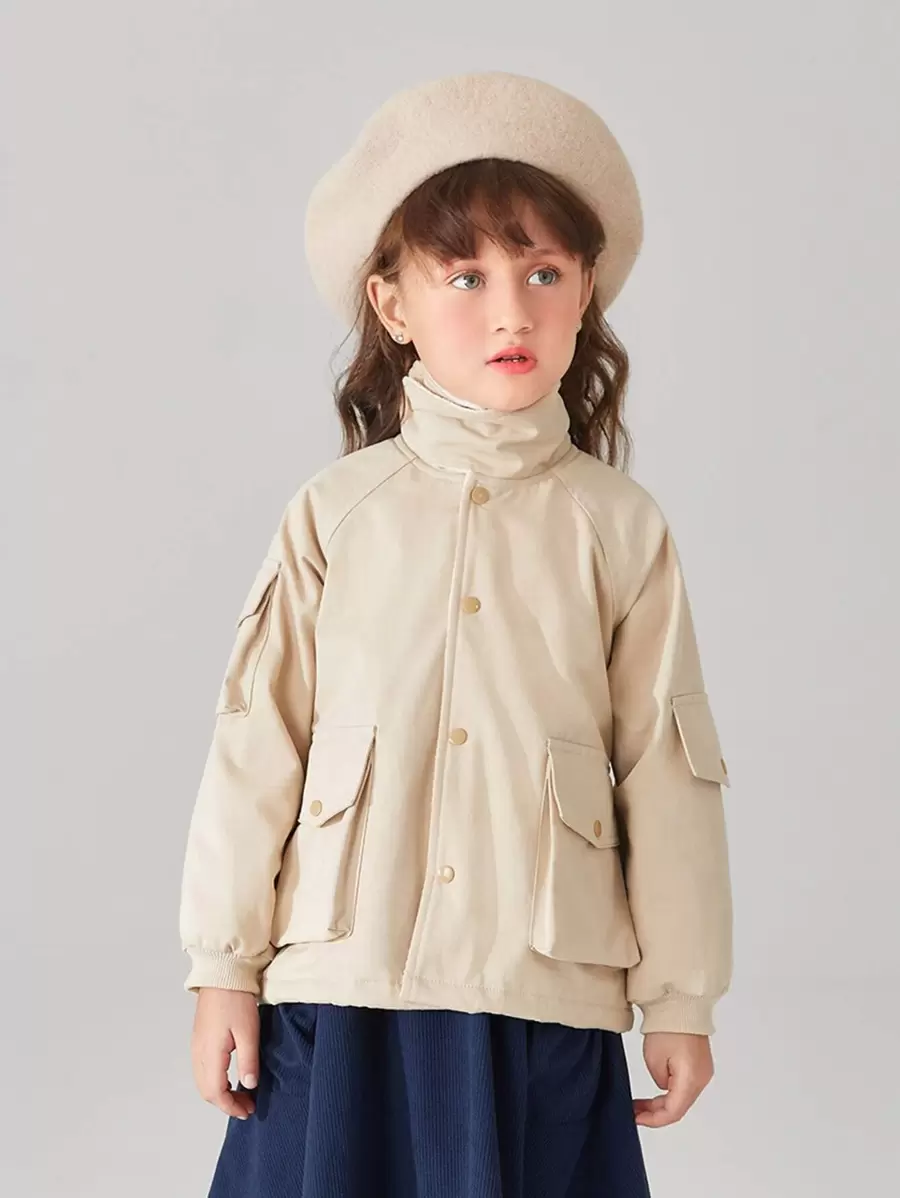 Toddler Girl Jackets Túi Nút phía trước màu trơn Giải trí - Màu Khaki - Xem 1