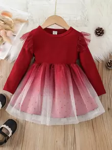 SHEIN 嬰兒漸層網紗拼接荷葉邊連衣裙 - 紅白色 - 查看 1