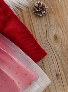 SHEIN 嬰兒漸層網紗拼接荷葉邊連衣裙 - 紅白色 - 查看 4