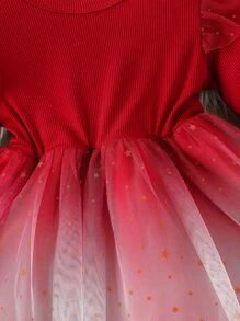 SHEIN 嬰兒漸層網紗拼接荷葉邊連衣裙 - 紅白色 - 查看 6