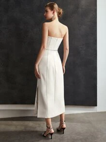 MOTF 鏈條腰帶抹胸正式連衣裙 - 米色 - 查看 7