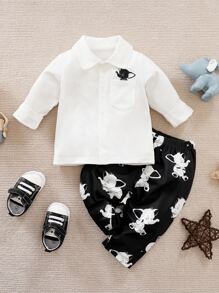 Yierying 男嬰卡通圖案補丁貼口袋襯衫和褲子 - 彩色 - 查看 1