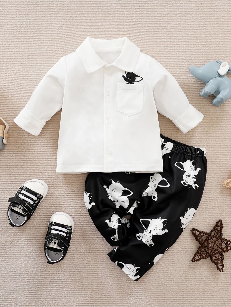 Yierying 男嬰卡通圖案補丁貼口袋襯衫和褲子 - 彩色 - 查看 1