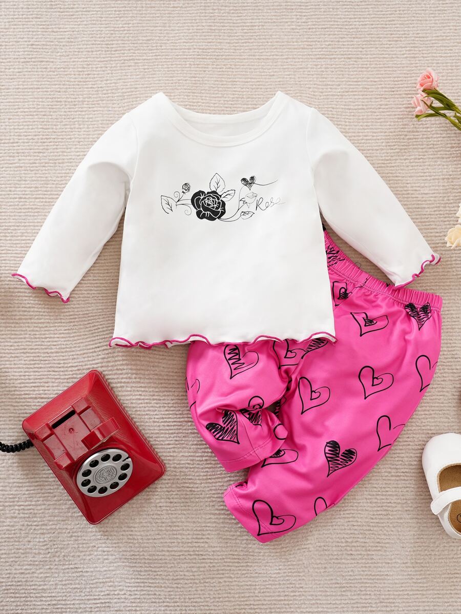 Yierying Baby Floral and Heart Print Lettuce Trim Tee & Trousers - Multicolor - View 1