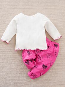 Yierying Baby Floral and Heart Print Lettuce Trim Tee & Trousers - Multicolor - View 2