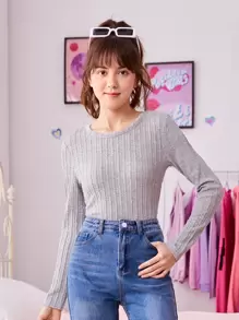 SHEIN Teen Girls Solid Fitted Tee - Light Grey - View 1