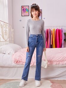 SHEIN Teen Girls Solid Fitted Tee - Light Grey - View 5