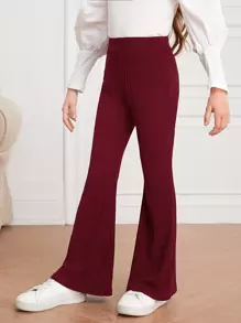 SHEIN Girls Elastic Waist Rib-knit Flare Leg Trousers - Burgundy - View 1
