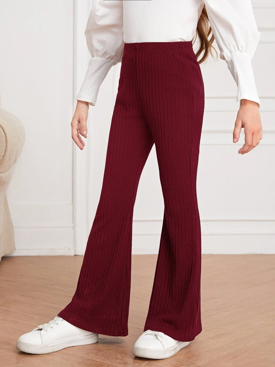 SHEIN Girls Elastic Waist Rib-knit Flare Leg Trousers - Burgundy - View 1