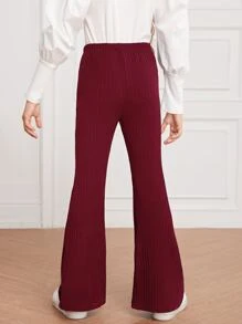 SHEIN Girls Elastic Waist Rib-knit Flare Leg Trousers - Burgundy - View 2