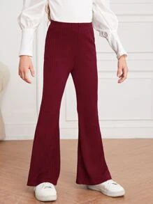 SHEIN Girls Elastic Waist Rib-knit Flare Leg Trousers - Burgundy - View 4