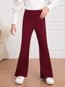 SHEIN Girls Elastic Waist Rib-knit Flare Leg Trousers - Burgundy - View 5