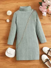 SHEIN Young Girl Knitted Long Sleeve High Neck Casual Dress - Mint Green - View 1