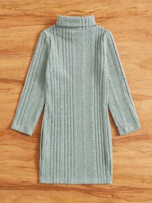 SHEIN Young Girl Knitted Long Sleeve High Neck Casual Dress - Mint Green - View 2