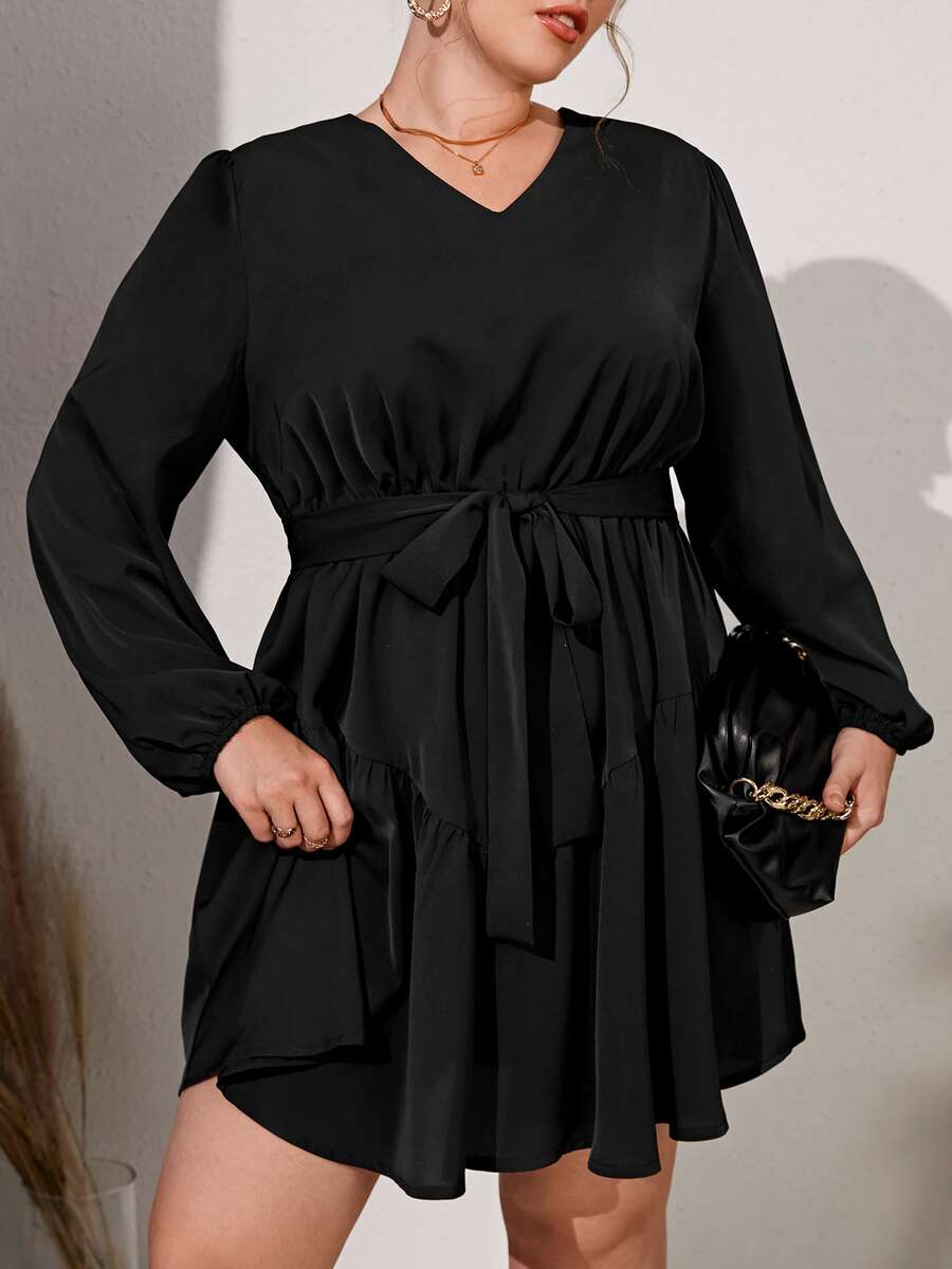 大碼燈籠袖荷葉邊繫腰帶洋裝