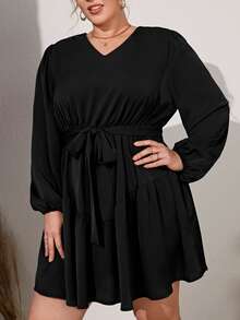 大碼燈籠袖荷葉邊繫腰帶洋裝