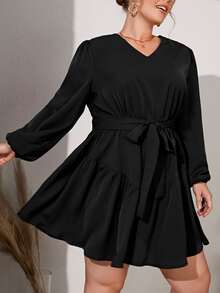 大碼燈籠袖荷葉邊繫腰帶洋裝