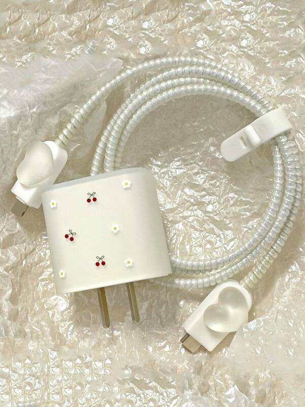 5pcs Cherry Print Clear Data Cable Protector Compatible With IPhone Charger Protector