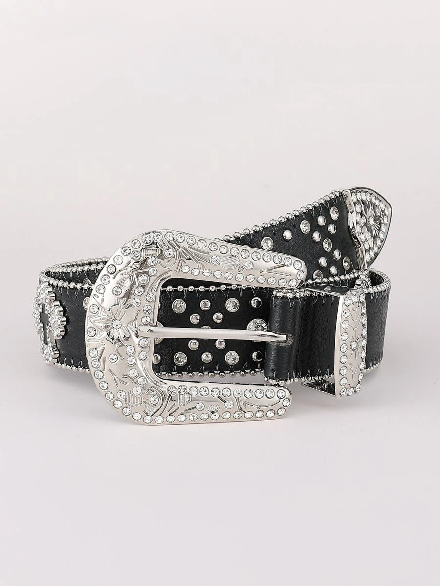 1 pieza Cinturón de cadena con decoración de rhinestone en forma de cruz negro para hombres, accesorio occidental de vaquero a la moda, adecuado para uso diario y festivales, perfecto como regalo, material de PU Halloween - Negro - Ver 1