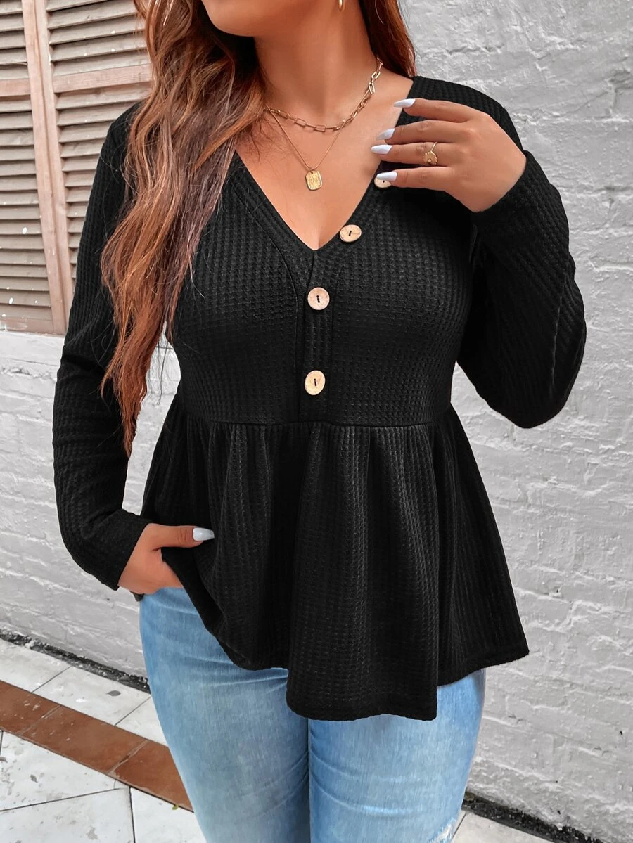 SHEIN Franclia Camiseta con botón delantero peplum