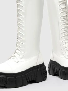 Stitch Detail Lace-up Front Wedge Boots - White - View 3
