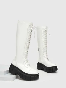 Stitch Detail Lace-up Front Wedge Boots - White - View 4