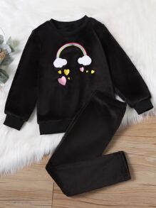 Girls Heart And Rainbow Embroidery Teddy Pullover With Trousers - Black - View 1