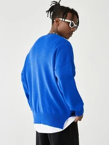 Men Drop Shoulder Split Hem Jumper - Royal Blue - View 2