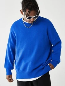 Men Drop Shoulder Split Hem Jumper - Royal Blue - View 4