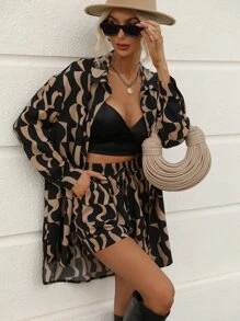 SHEIN LUNE Allover Print Drop Shoulder Shirt & Shorts - Black - View 1