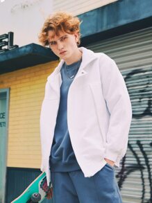 Men Zip Up Drop Shoulder Teddy Liner Jacket Without Hoodie - White - View 5