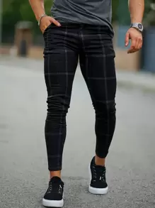 Men Plaid Zipper Fly Trousers - Black - View 1