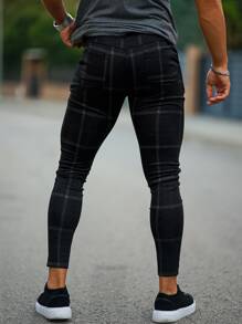 Men Plaid Zipper Fly Trousers - Black - View 2