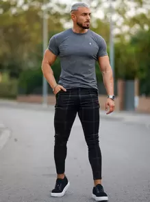 Men Plaid Zipper Fly Trousers - Black - View 4