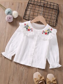 SHEIN Elladie kids Young Girl Floral Embroidery Peter Pan Collar Flounce Sleeve Blouse - White - View 5