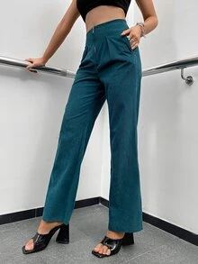 High Waist Fold Pleated Corduroy Flare Leg Trousers - Teal Blue - View 5