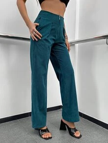 High Waist Fold Pleated Corduroy Flare Leg Trousers - Teal Blue - View 6