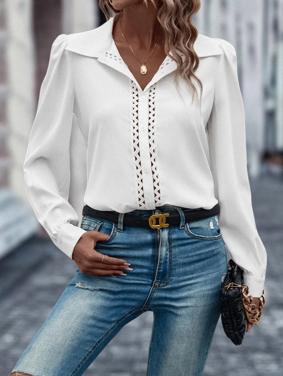 SHEIN LUNE Áo sơ mi nữ Tương phản ren Nút phía trước màu trơn Thanh lịch - trắng - Xem 1