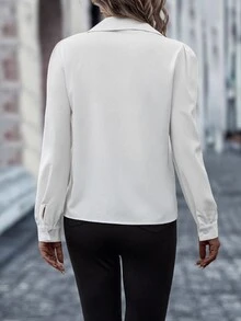 SHEIN LUNE Áo sơ mi nữ Tương phản ren Nút phía trước màu trơn Thanh lịch - trắng - Xem 2