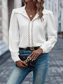 SHEIN LUNE Áo sơ mi nữ Tương phản ren Nút phía trước màu trơn Thanh lịch - trắng - Xem 3