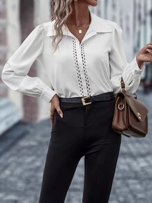 SHEIN LUNE Áo sơ mi nữ Tương phản ren Nút phía trước màu trơn Thanh lịch - trắng - Xem 6